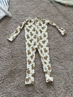 Caden Lane Cream Footie with Brown Teddy Bear Print